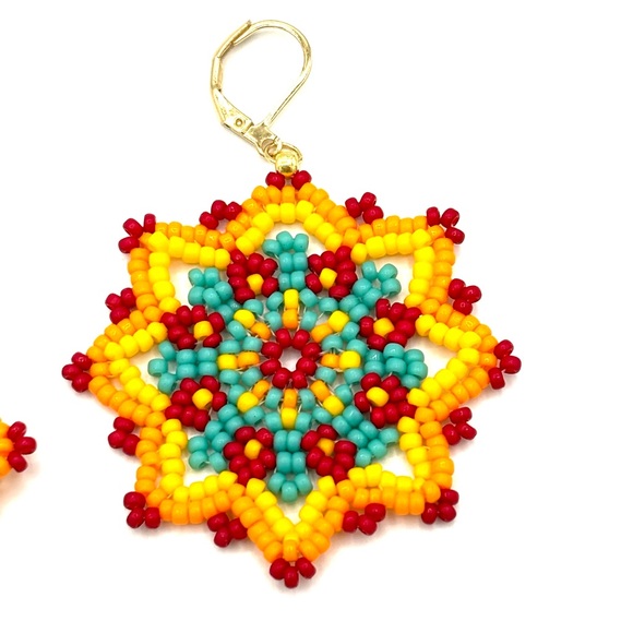 Hand Crafted Colorful Beaded Flower Chunky Earrings Turquoise and Yellow - Picture 6 of 6